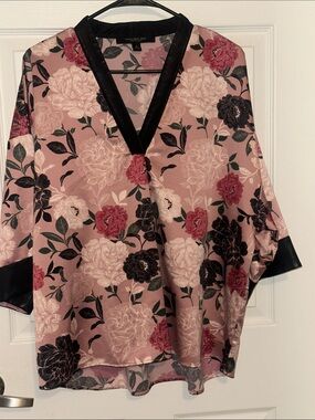 Marc New York Blush Pink Floral Satin Blouse with Black Trim